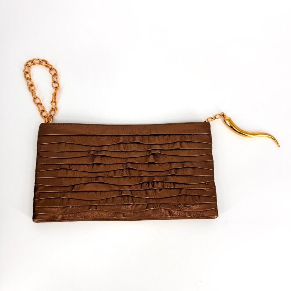 Dominique Cohen Metallic Copper Pleated Clutch‎ with Chain and Horn Detail OS